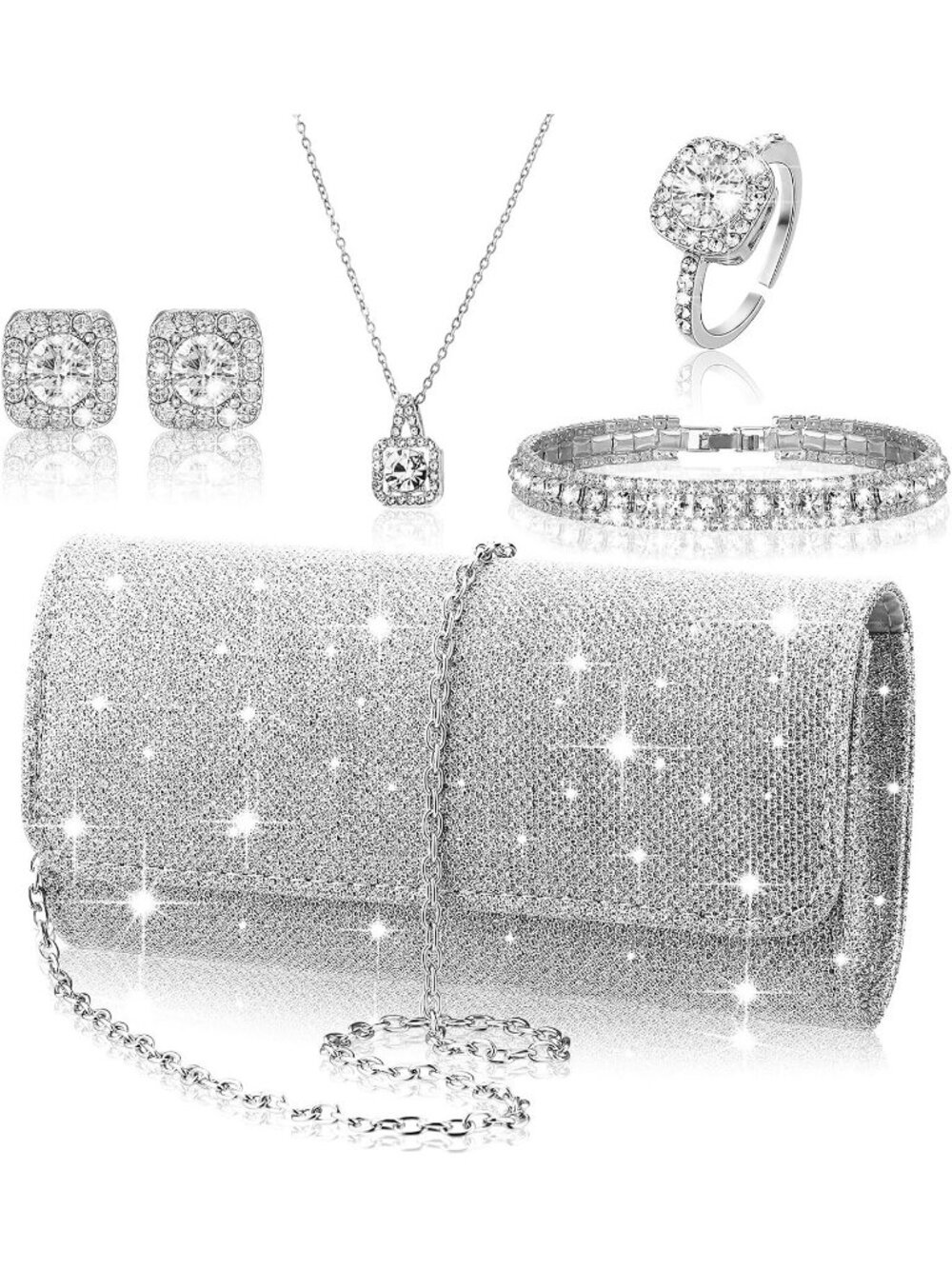 Women's Silver 5pc Rhinestone Jewelry Set Clutch Purse Crystal Wedding Prom